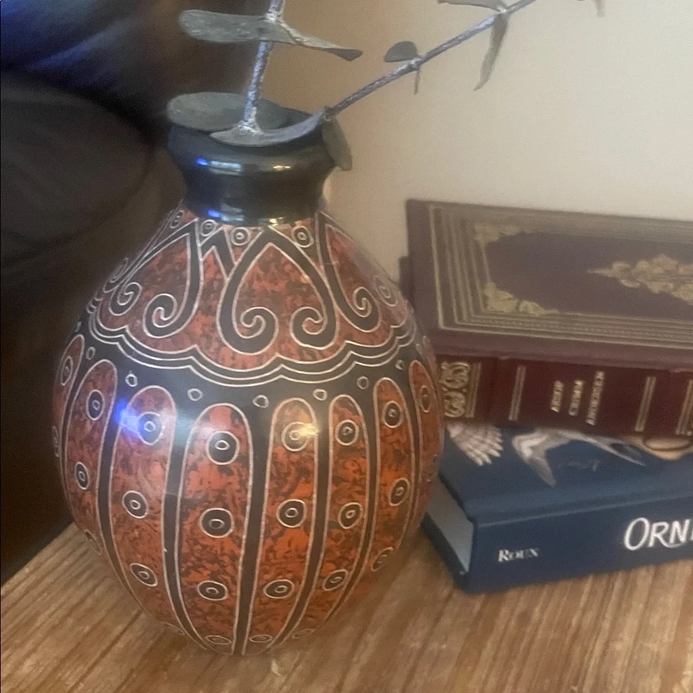 Hand-Painted signed Nicaraguan Orange and Black Decorative Ceramic Vase